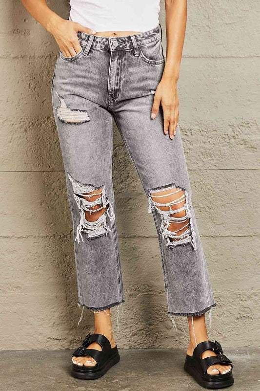 Acid Wash Distressed Cropped Straight Jeans