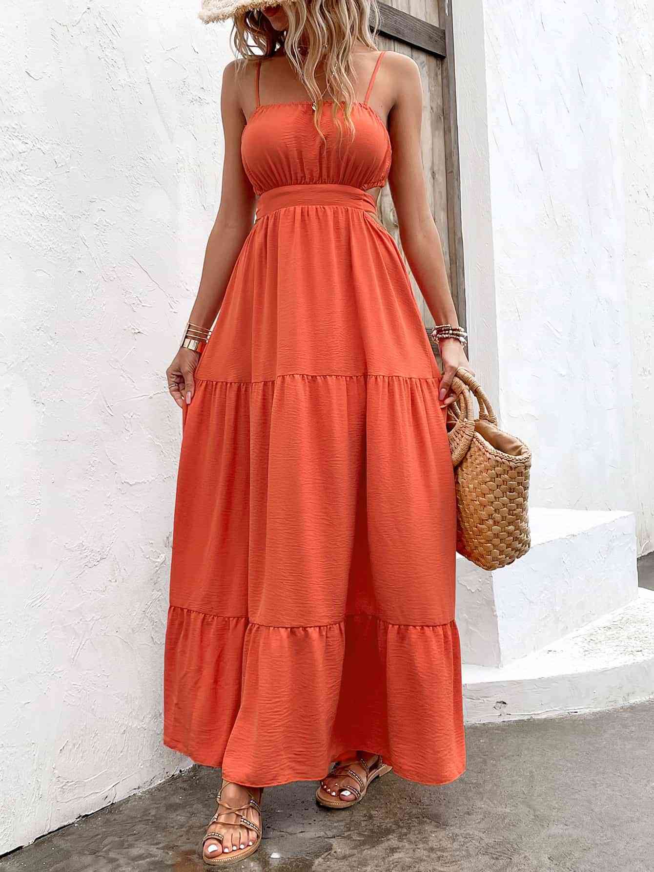 Spaghetti Strap Cutout Tie Back Maxi Dress