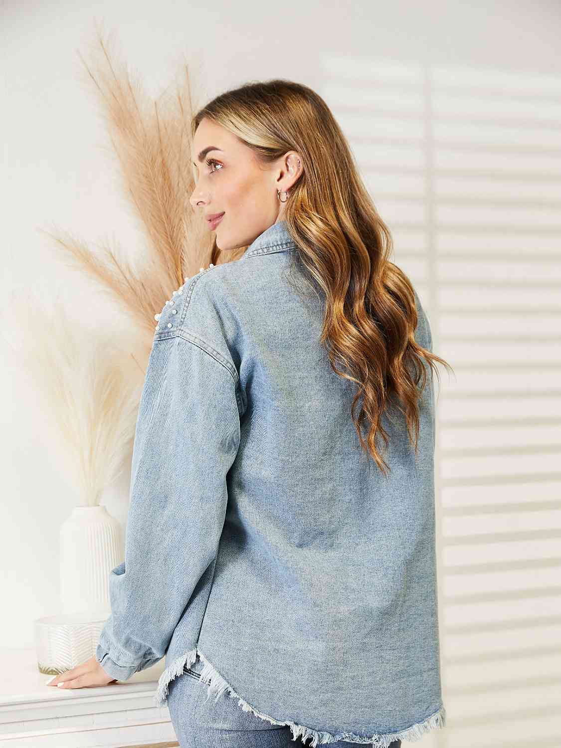 Collared Neck Raw Hem Dropped Shoulder Denim Jacket