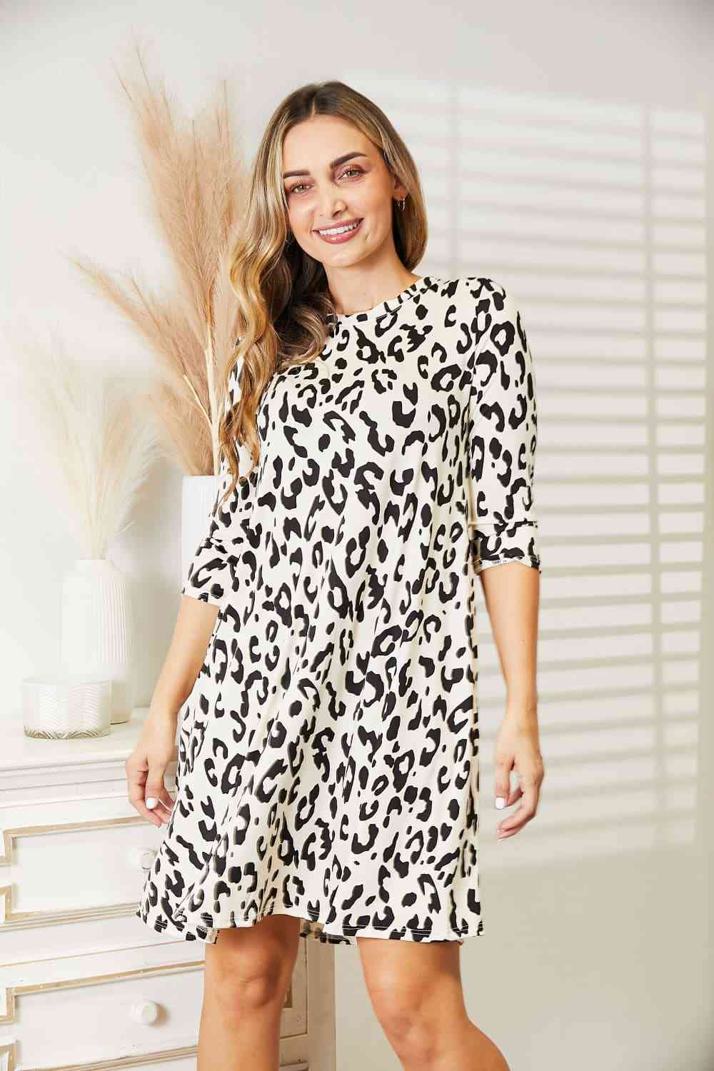 Leopard Three-Quarter Sleeve Dress with Pockets