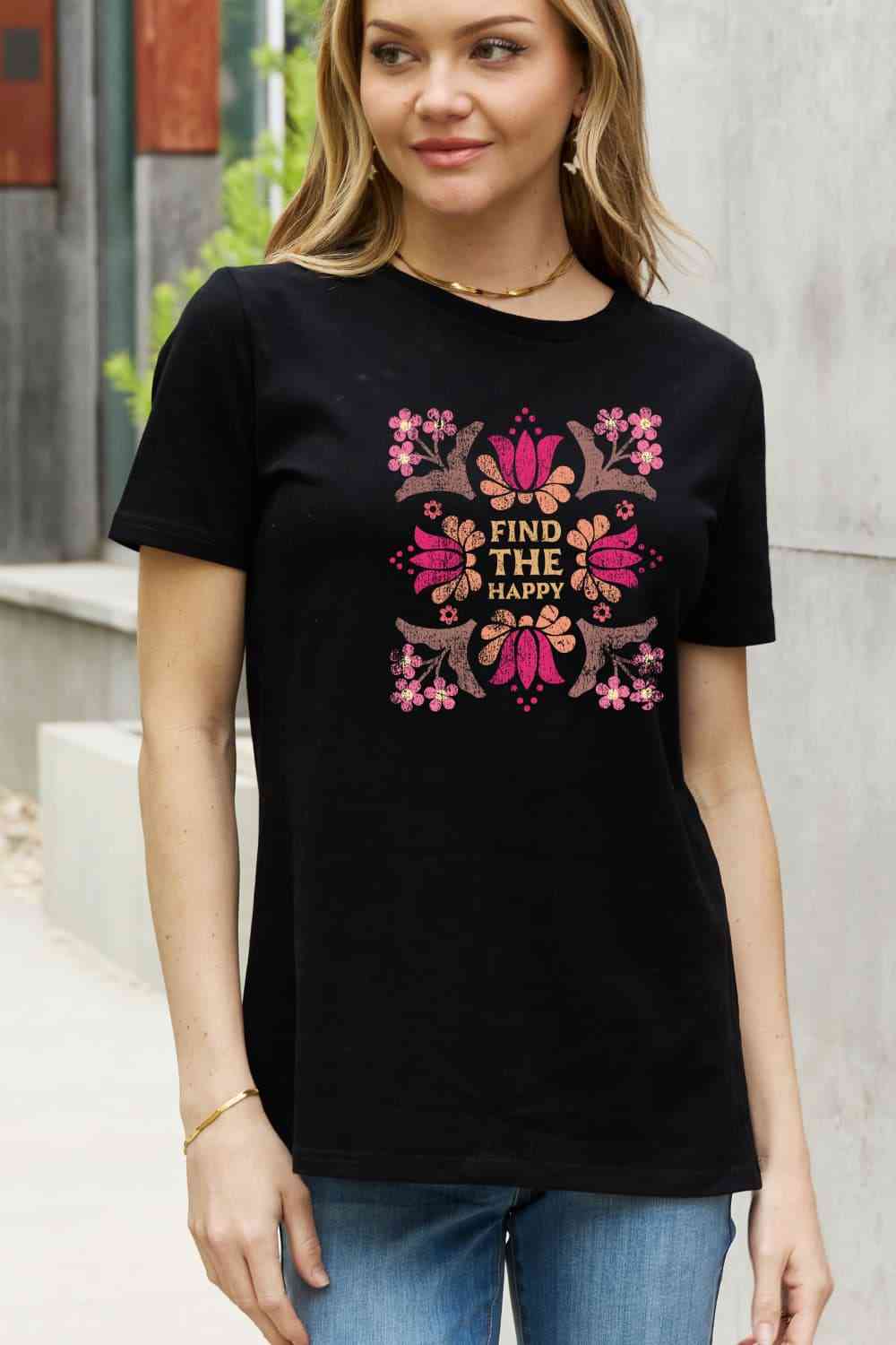 Simply Love Full Size FIND THE HAPPY Graphic Cotton Tee