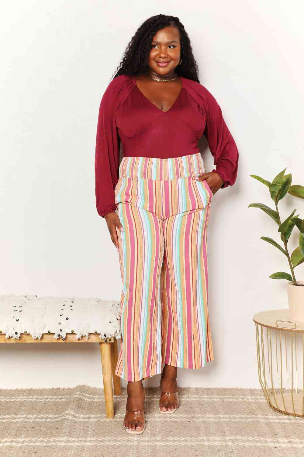 Striped Smocked Waist Pants with Pockets