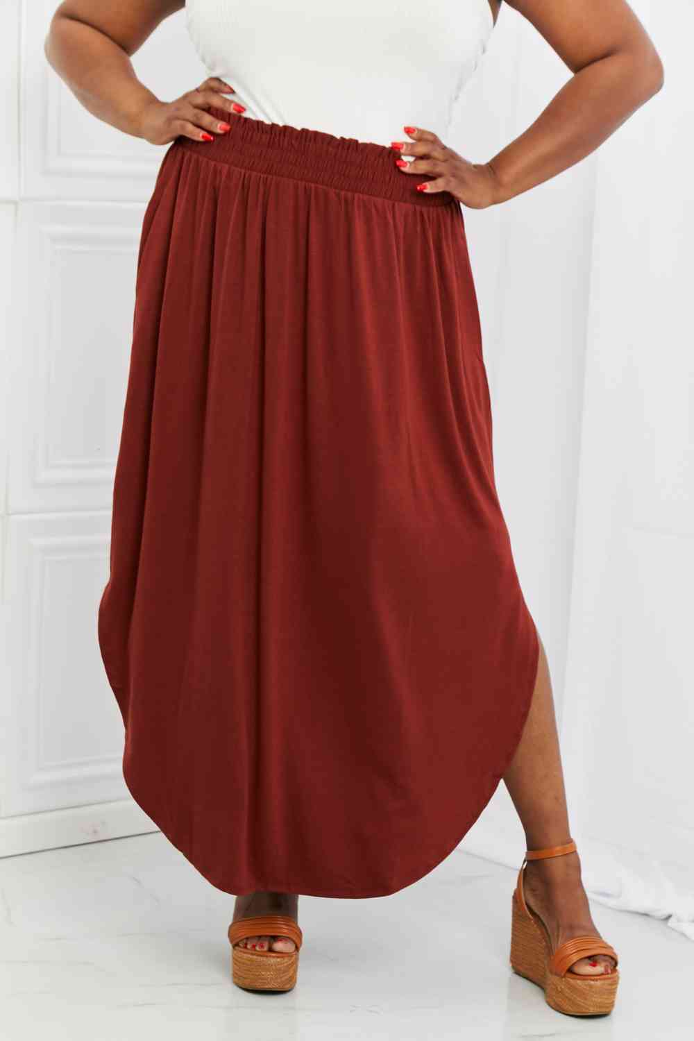 It's My Time Side Scoop Scrunch Skirt in Dark Rust