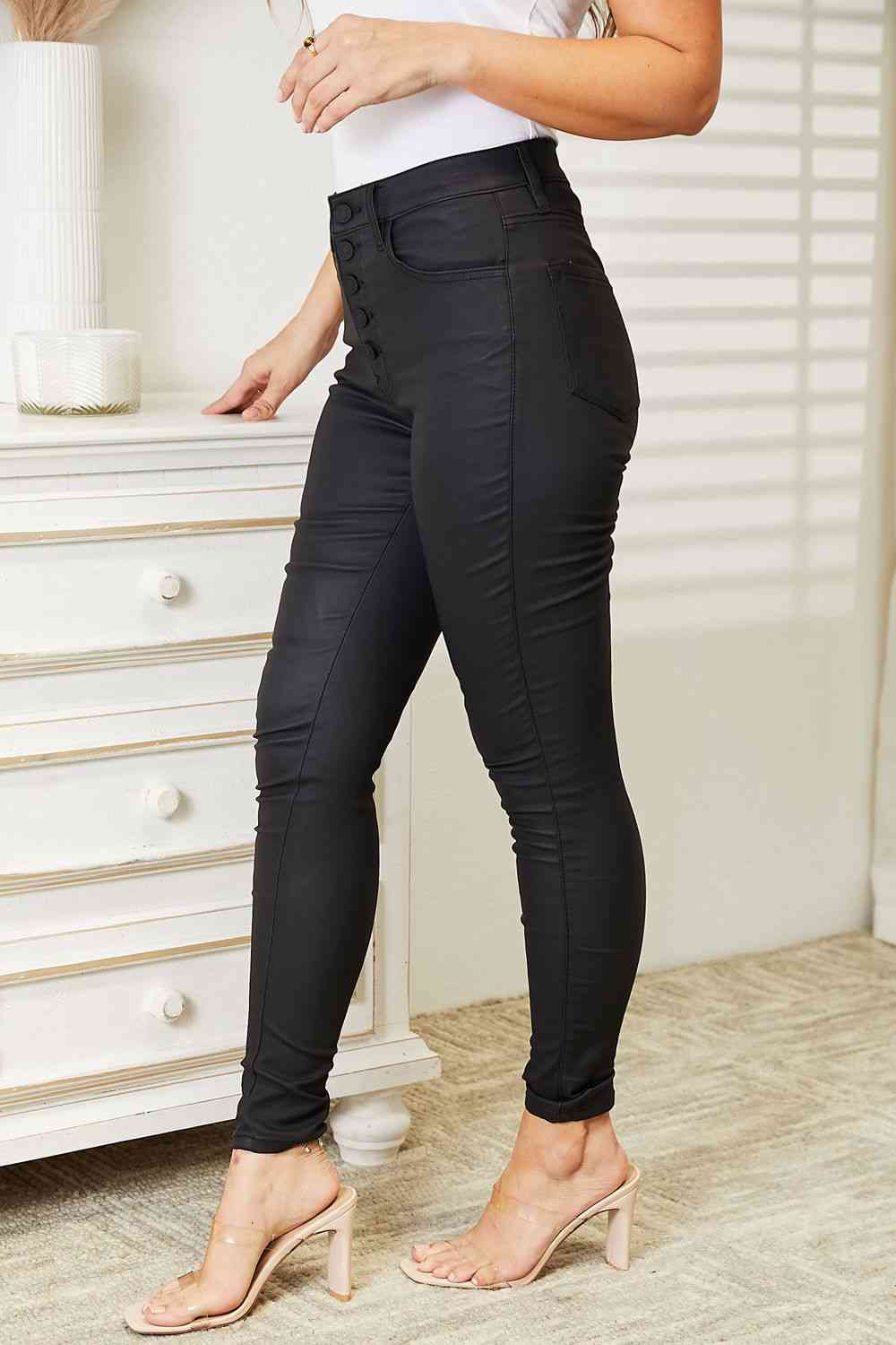 High Rise Black Coated Ankle Skinny Jeans