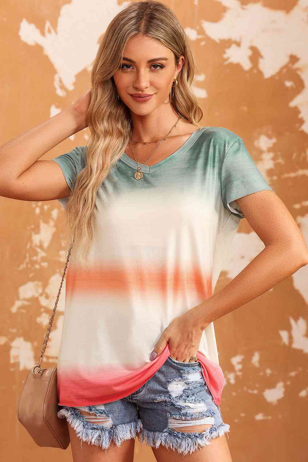 Double Take Tie-Dye V-Neck Short Sleeve Tee