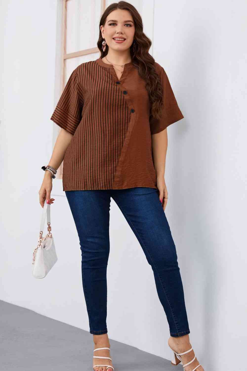 Plus Size Striped Notched Neck Half Sleeve Top