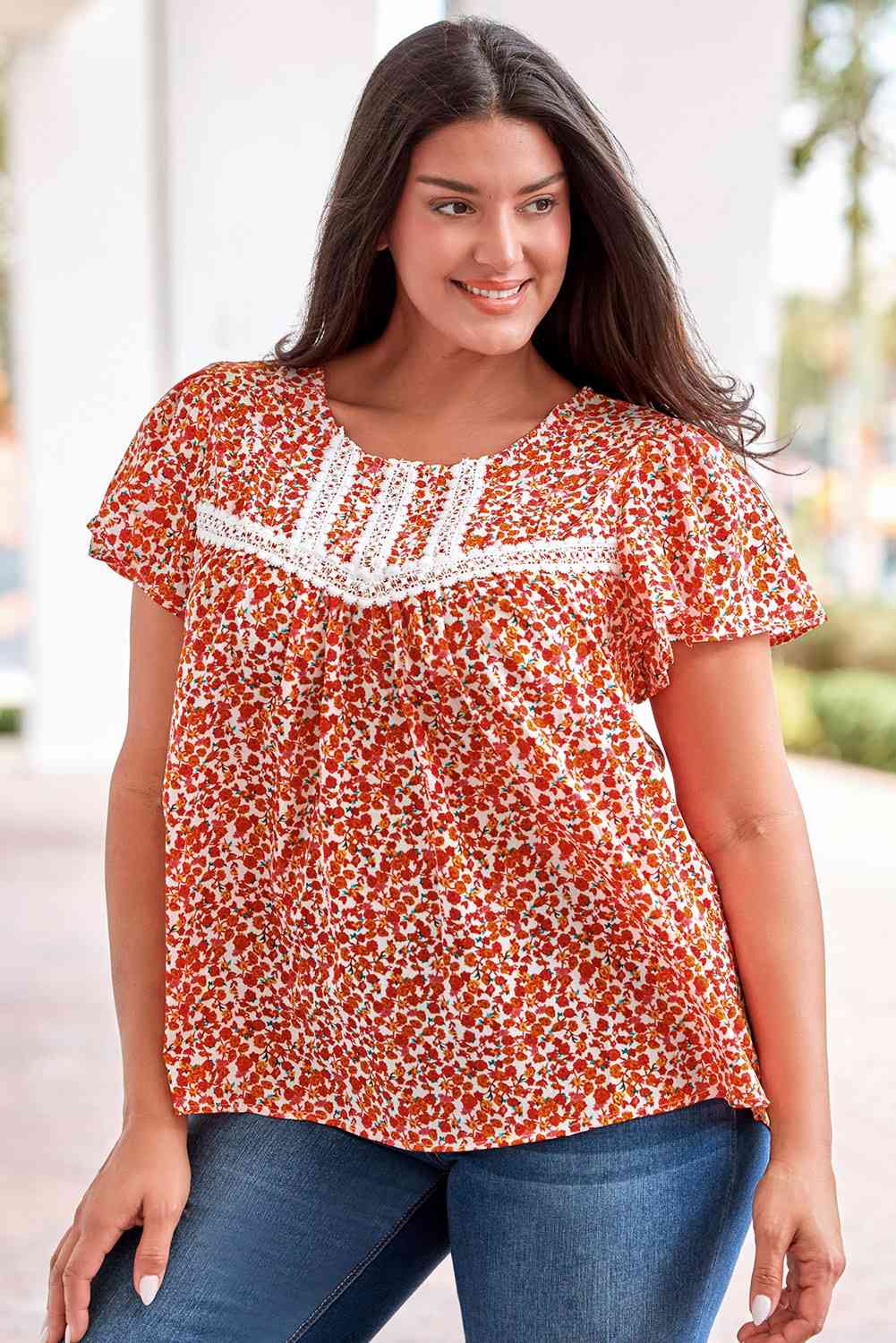 Plus Size Floral Lace Trim Round Neck Blouse