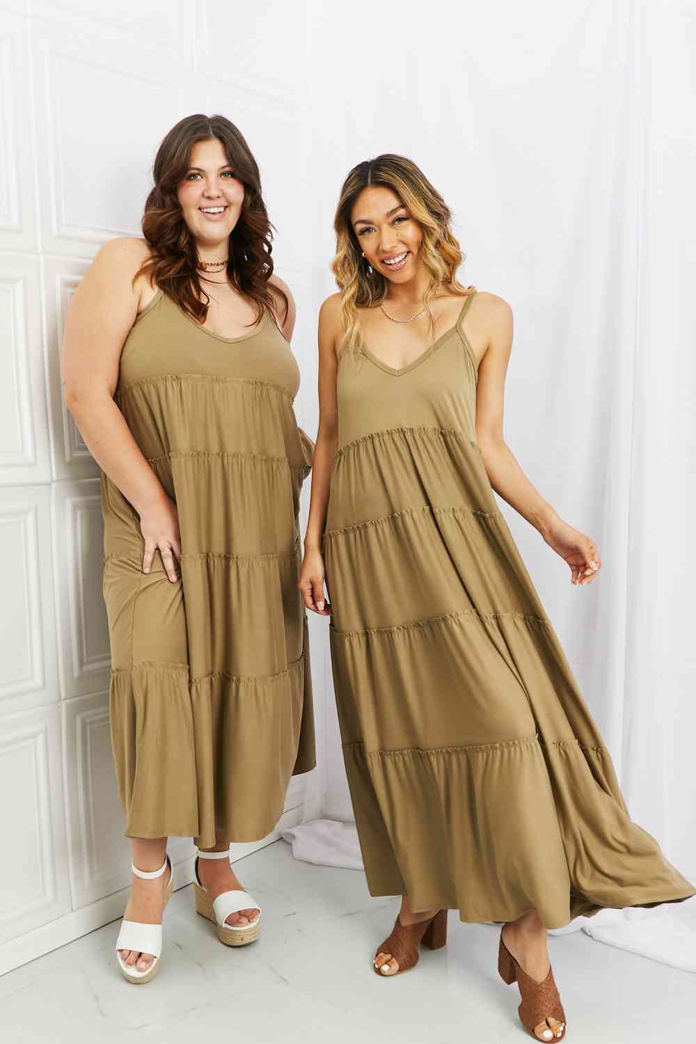 Spaghetti Strap Tiered Dress with Pockets in Khaki