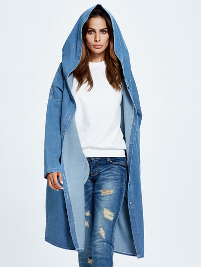 Button Up Dropped Shoulder Hooded Denim Top