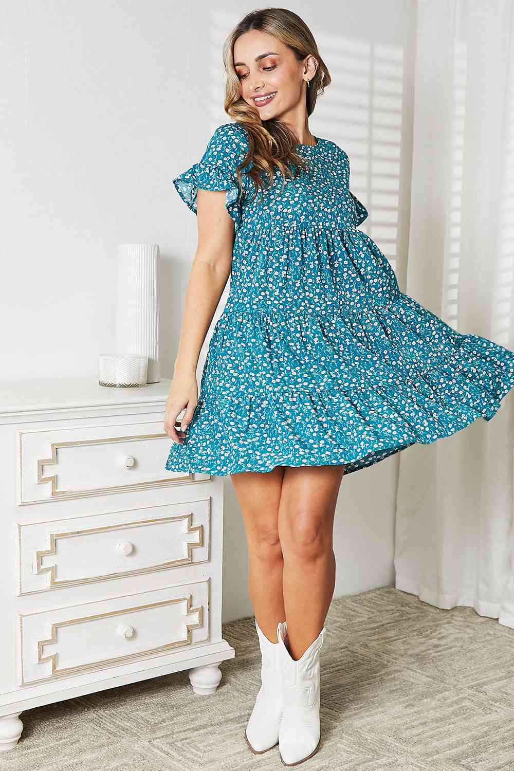 Short Flounce Sleeve Tiered Dress