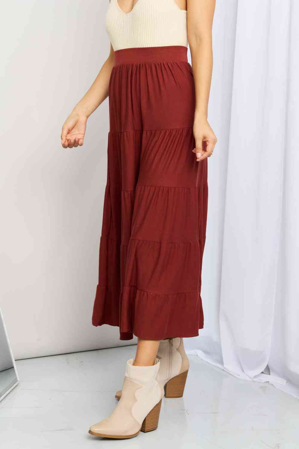 Wide Waistband Tiered Midi Skirt