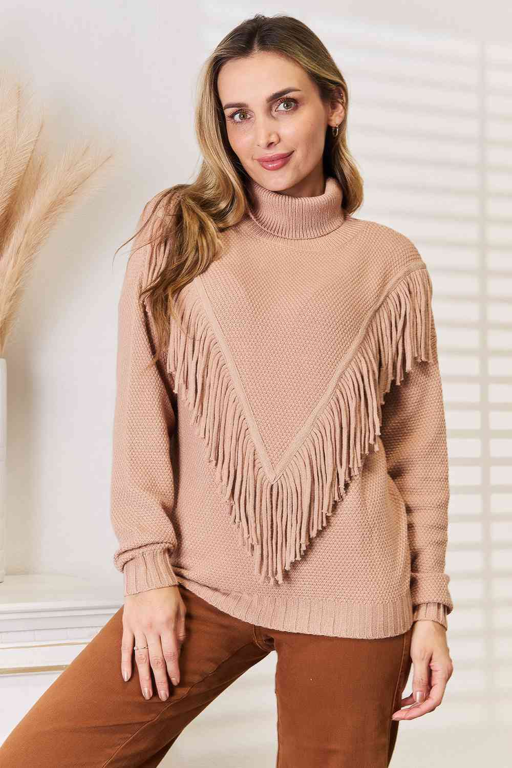 Turtleneck Fringe Front Long Sleeve Sweater