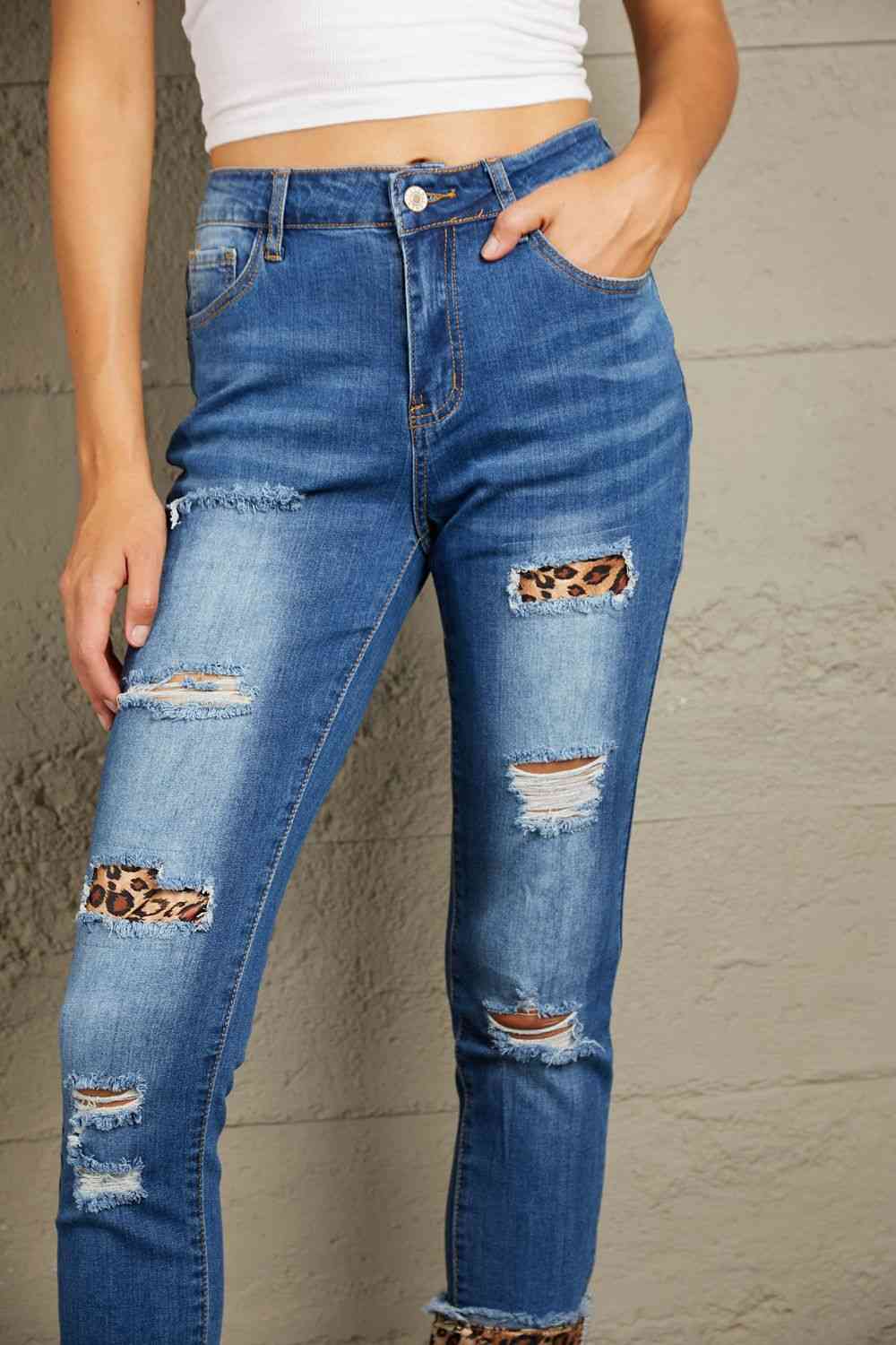 Baeful Leopard Patch Distressed Cropped Jeans