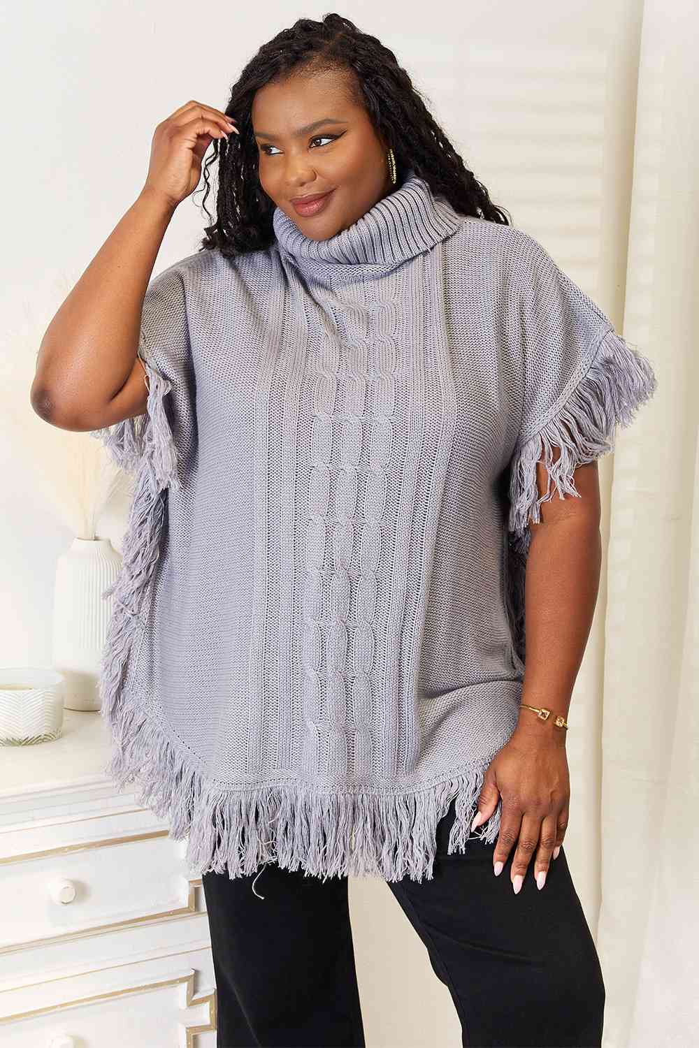 Turtle Neck Fringe Poncho