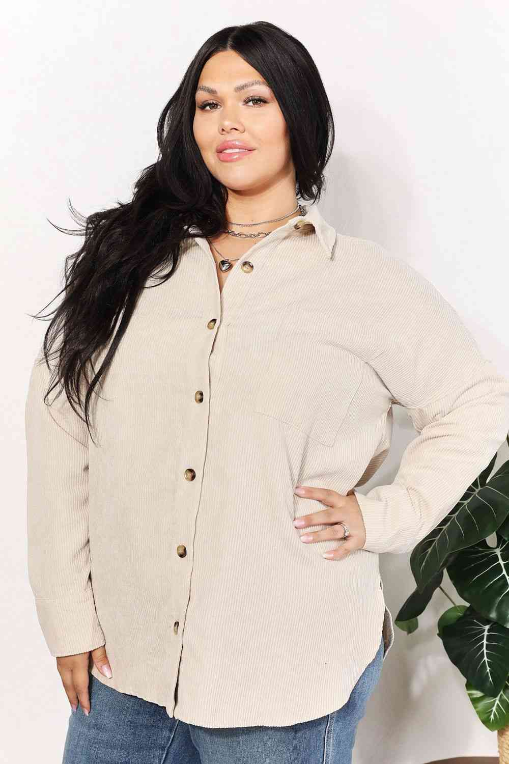 Full Size Oversized Corduroy Button-Down Tunic Shirt with Bust Pocket