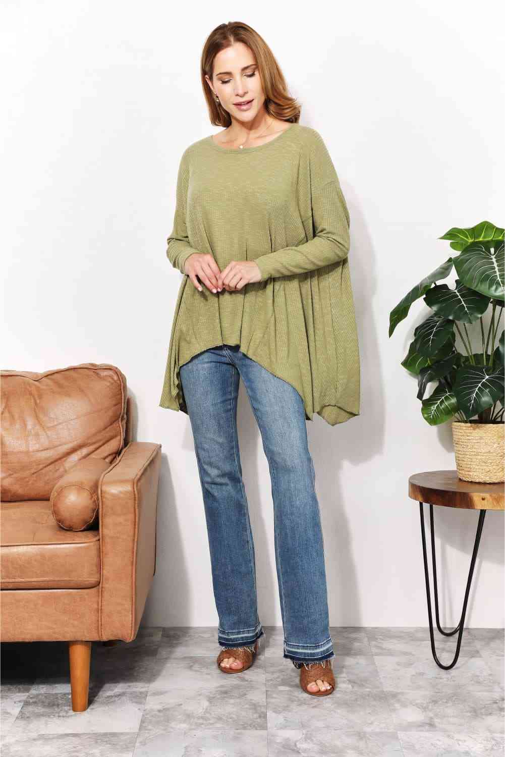 Oversized Super Soft Rib Layering Top with a Sharkbite Hem and Round Neck