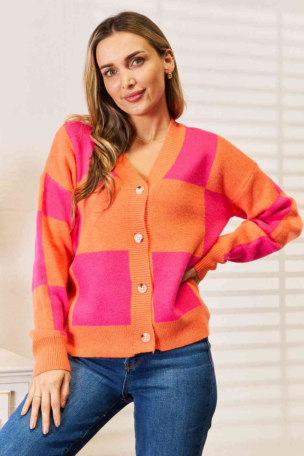 Checkered V-Neck Dropped Shoulder Cardigan