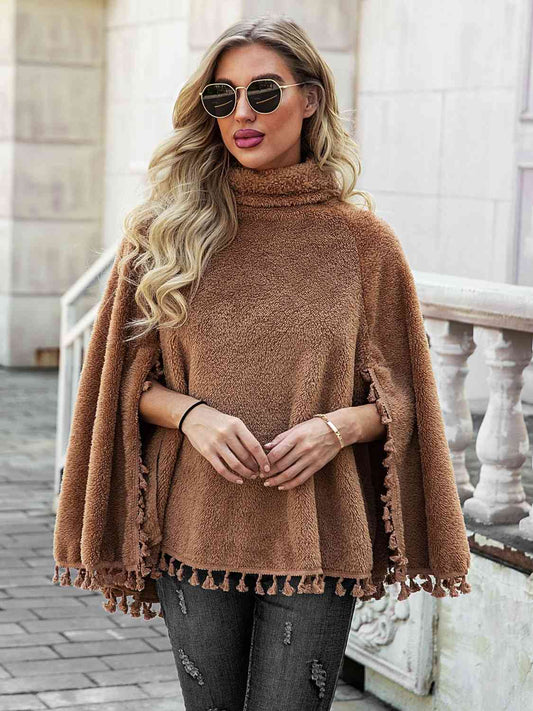 Full Size Turtleneck Tassel Hem Poncho