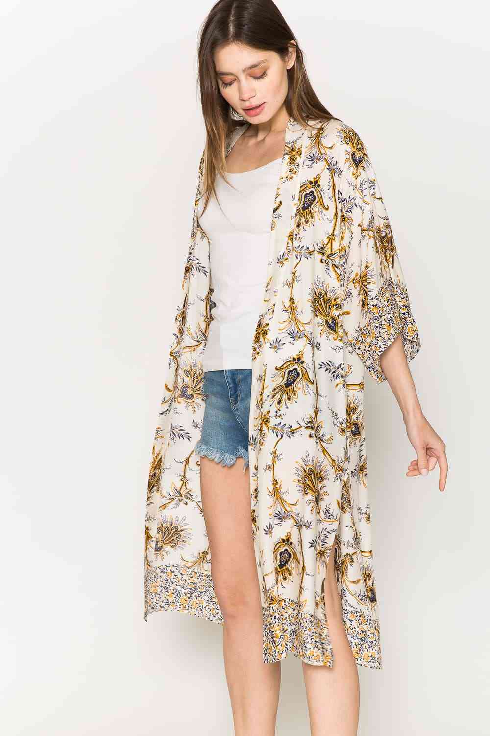 Floral Open Front Slit Duster Cardigan