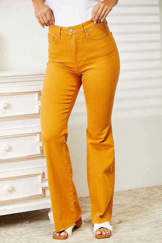 High Waist Tummy Control Garment Dyed Flare Jeans