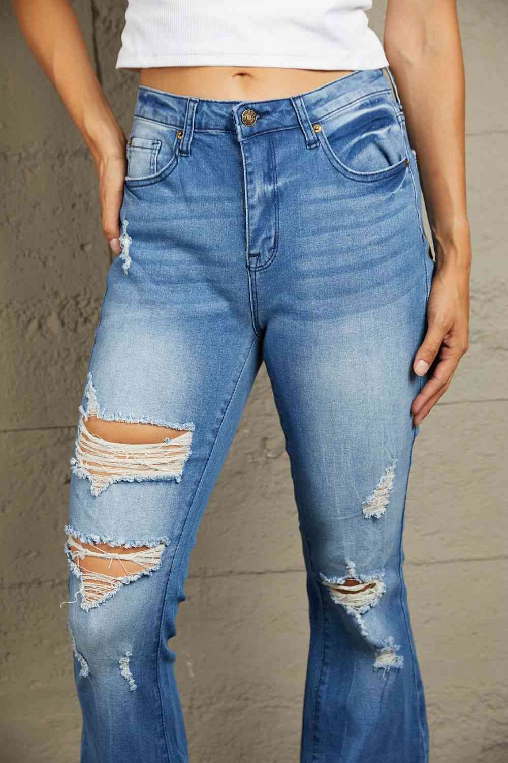 Baeful Distressed Flare Leg Jeans with Pockets