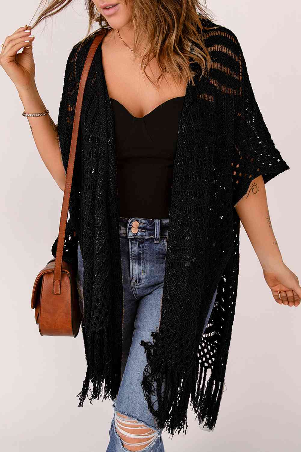 Fringe Hem Slit Open Front Cardigan