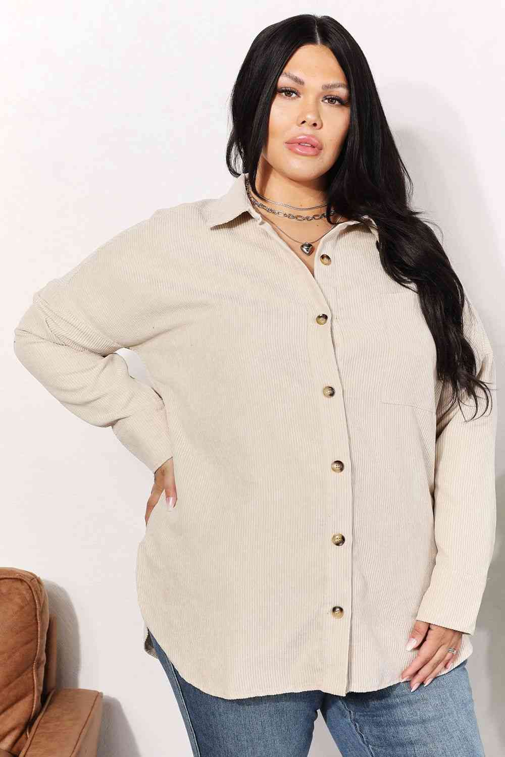 Full Size Oversized Corduroy Button-Down Tunic Shirt with Bust Pocket