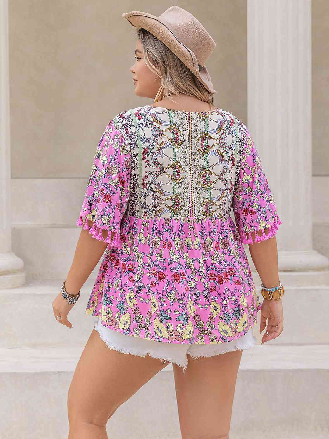 Plus Size Printed V-Neck Half Sleeve Blouse