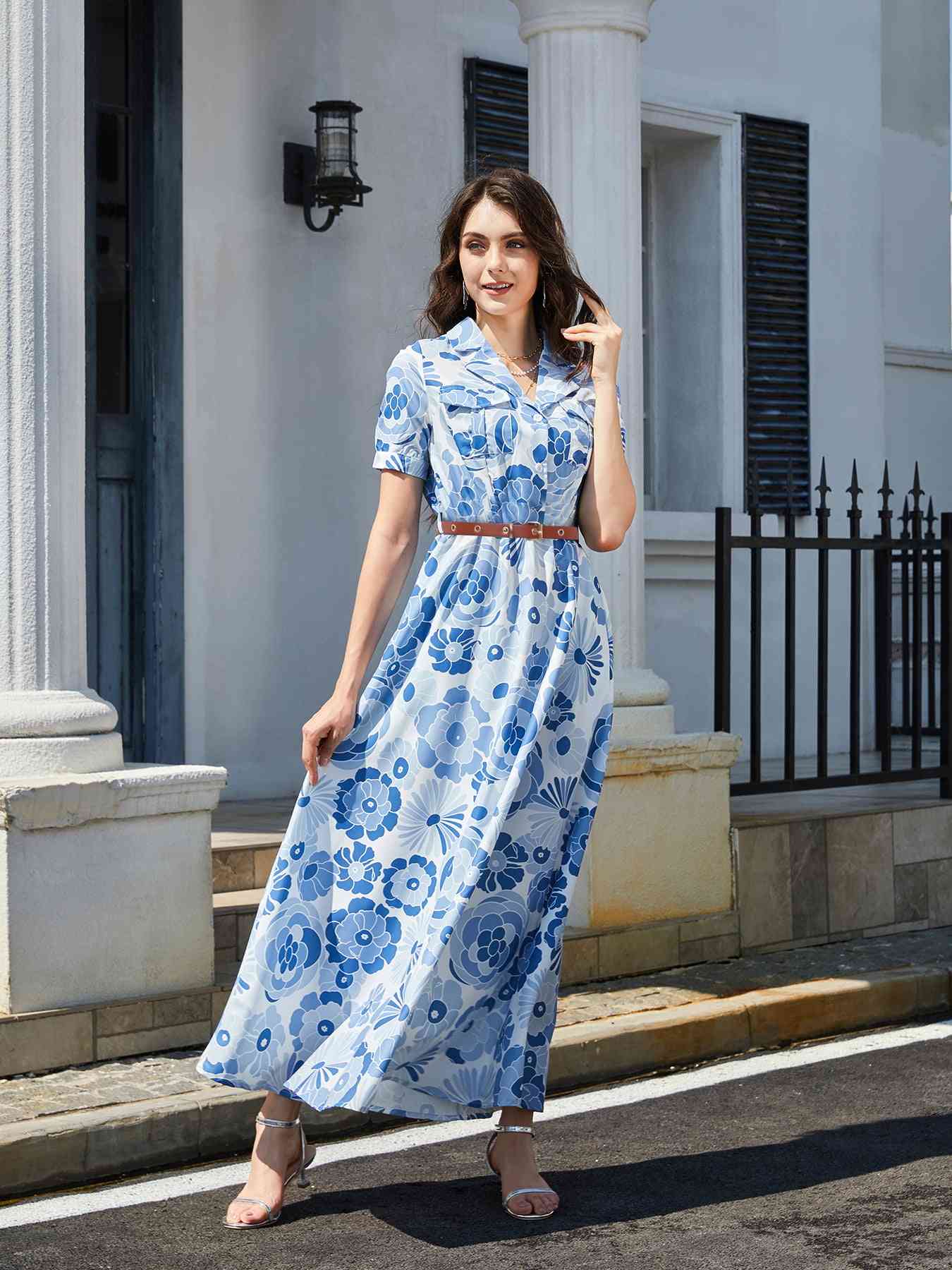 Floral Print Lapel Collar Short Sleeve Maxi Dress