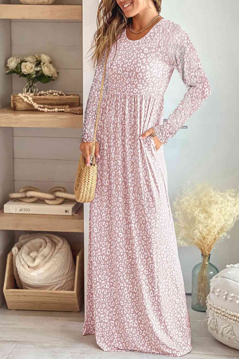 Leopard Round Neck Long Sleeve Maxi Dress