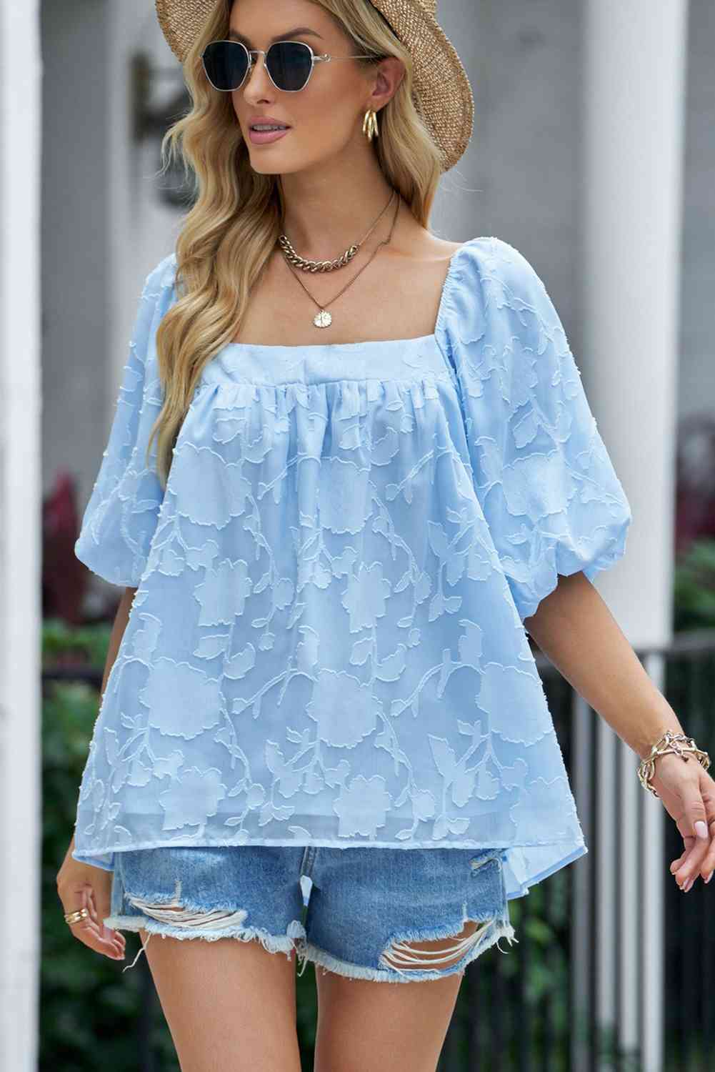 Applique Puff Sleeve Square Neck Blouse