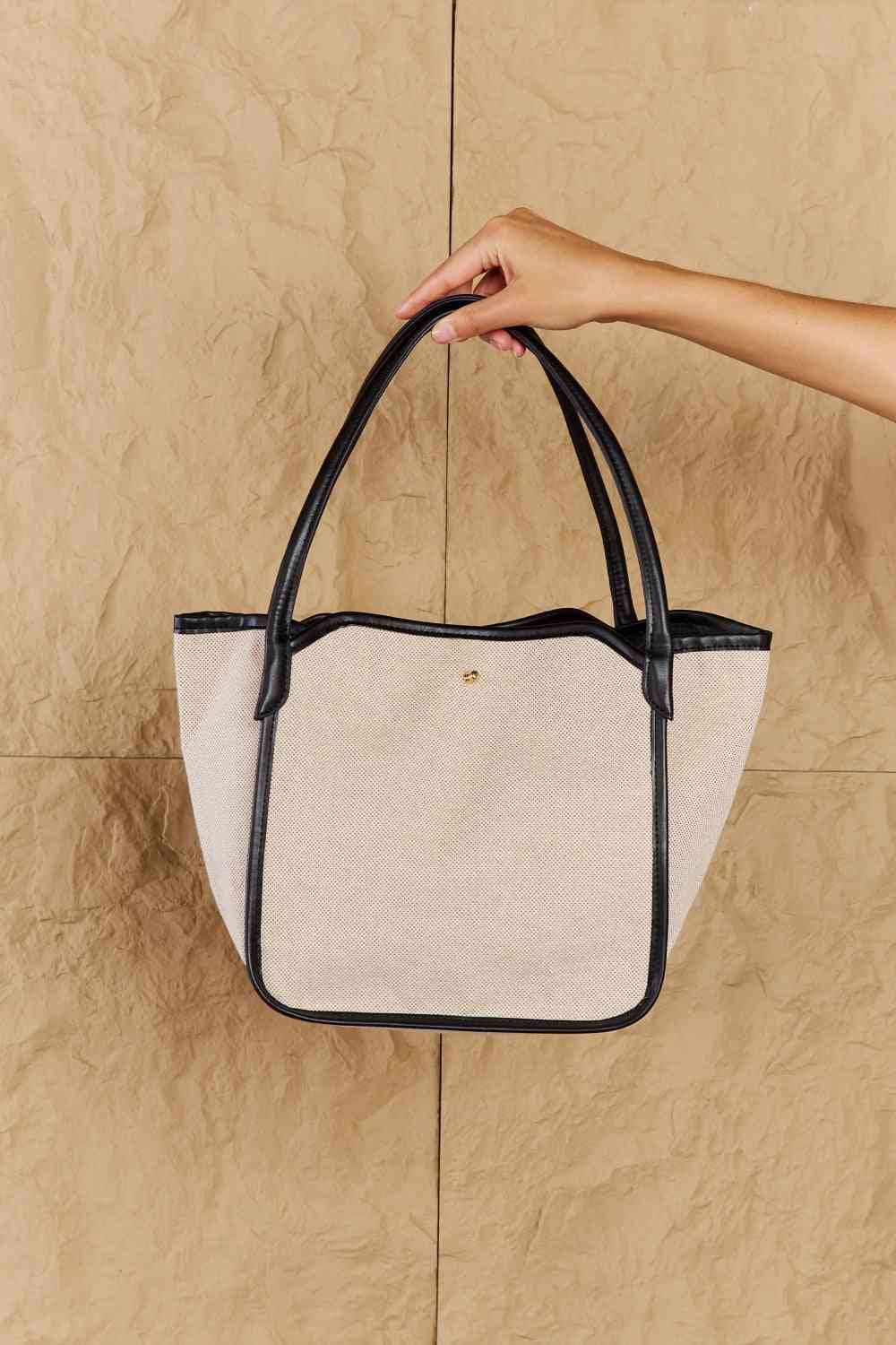 Beach Chic Faux Leather Trim Tote Bag in Black