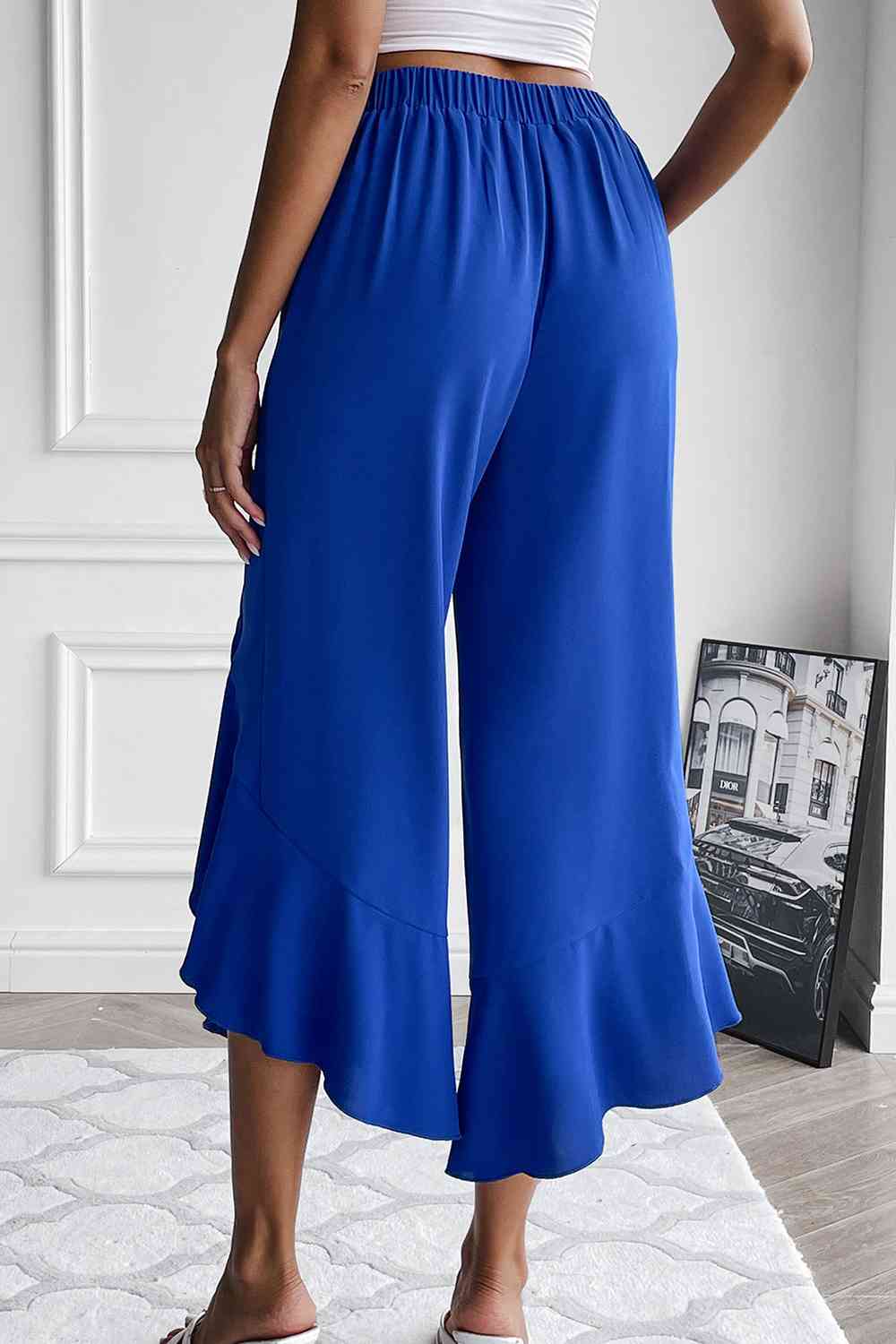 Ruffle Trim Cropped Wide Leg Pants