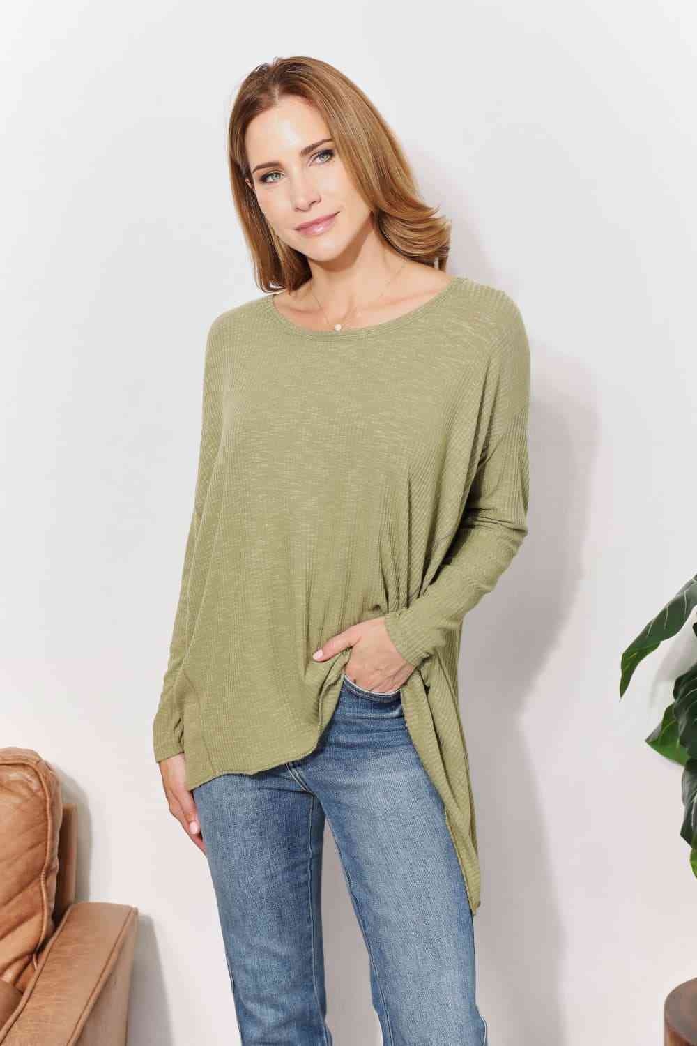 Oversized Super Soft Rib Layering Top with a Sharkbite Hem and Round Neck