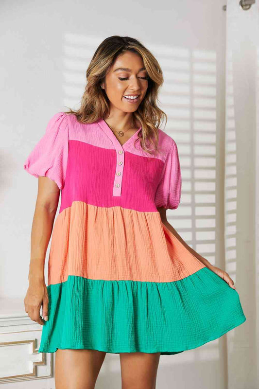 Color Block Buttoned Puff Sleeve Dress