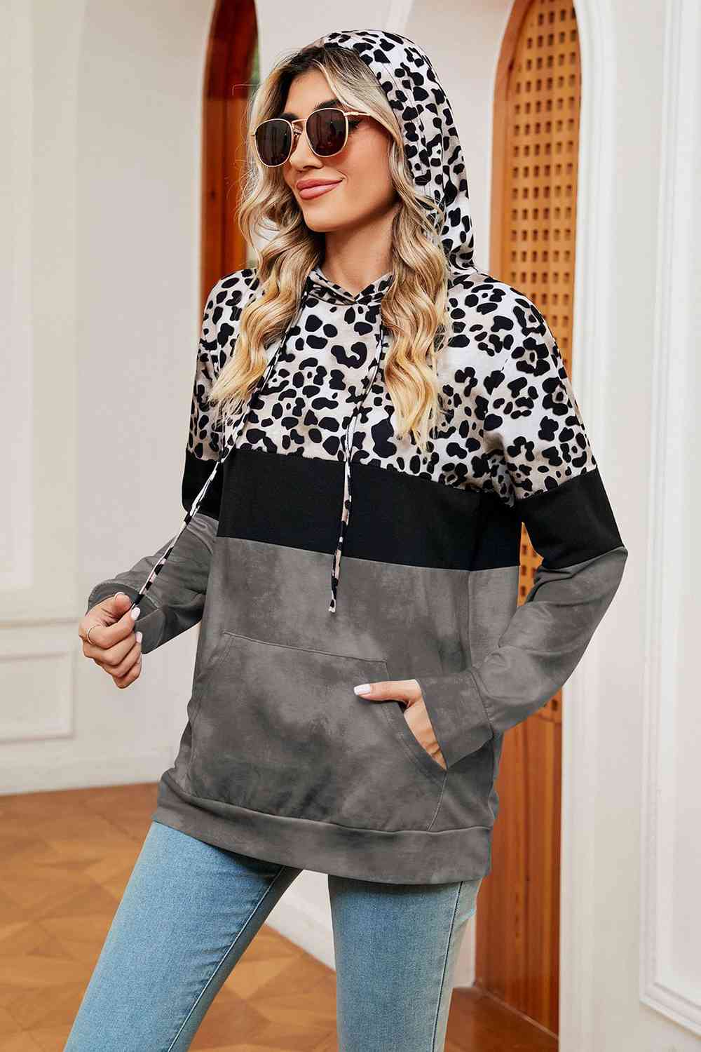 Leopard Drawstring Hoodie with Pocket