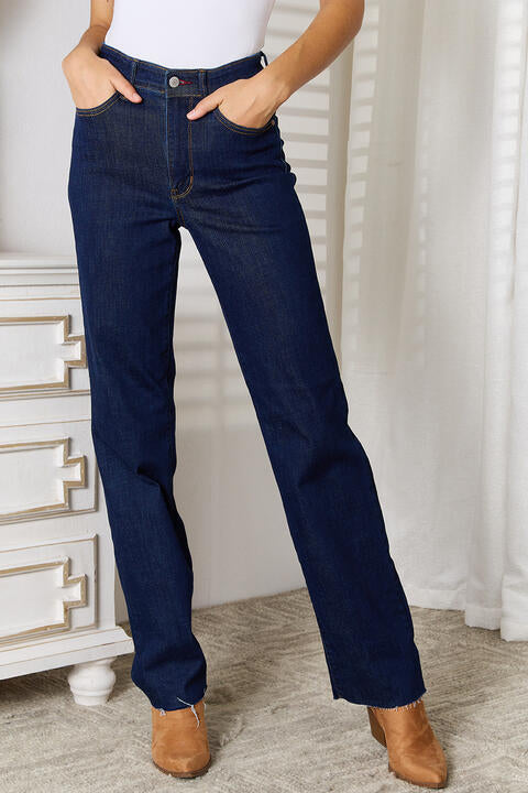 Raw Hem Straight Leg Jeans with Pockets