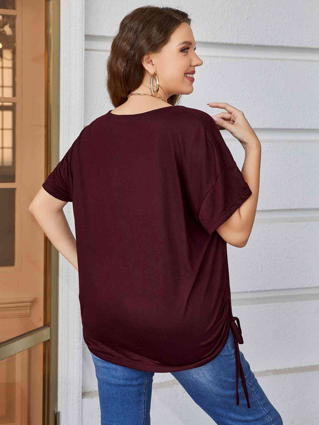 Plus Size Drawstring V-Neck Short Sleeve Blouse