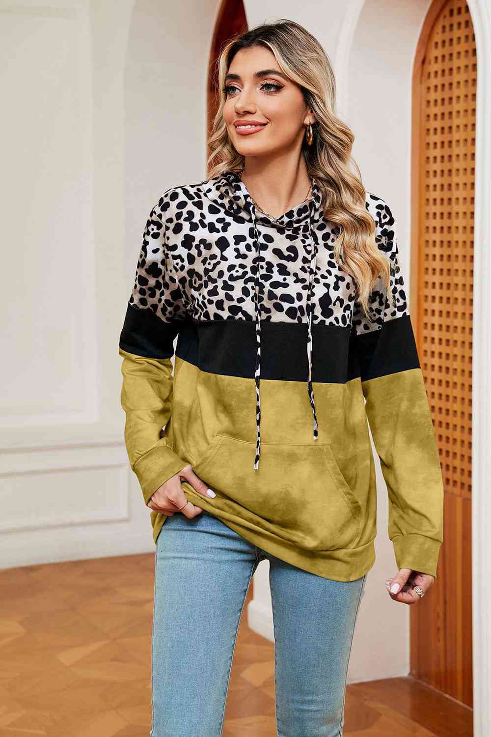 Leopard Drawstring Hoodie with Pocket