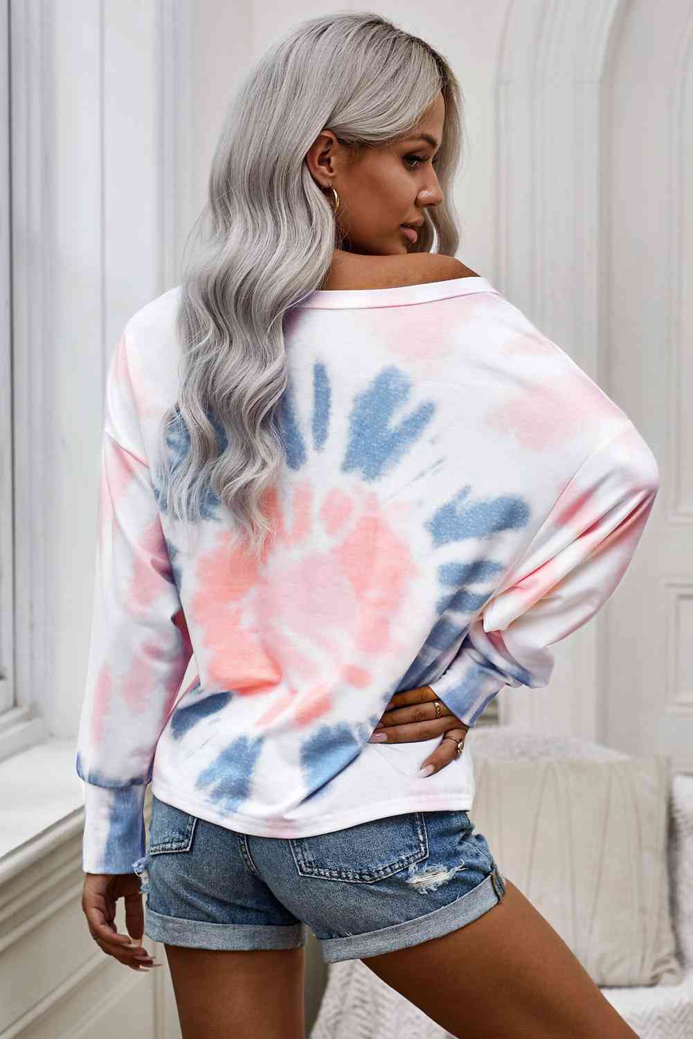 Tie-Dye Boat Neck Batwing Sleeve Tee