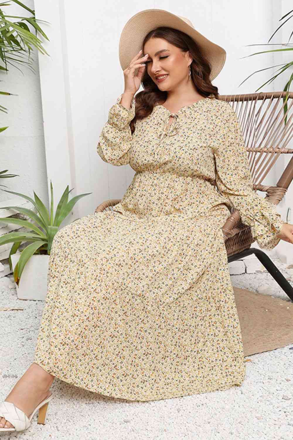 Plus Size Tied Frill Trim Flounce Sleeve Maxi Dress