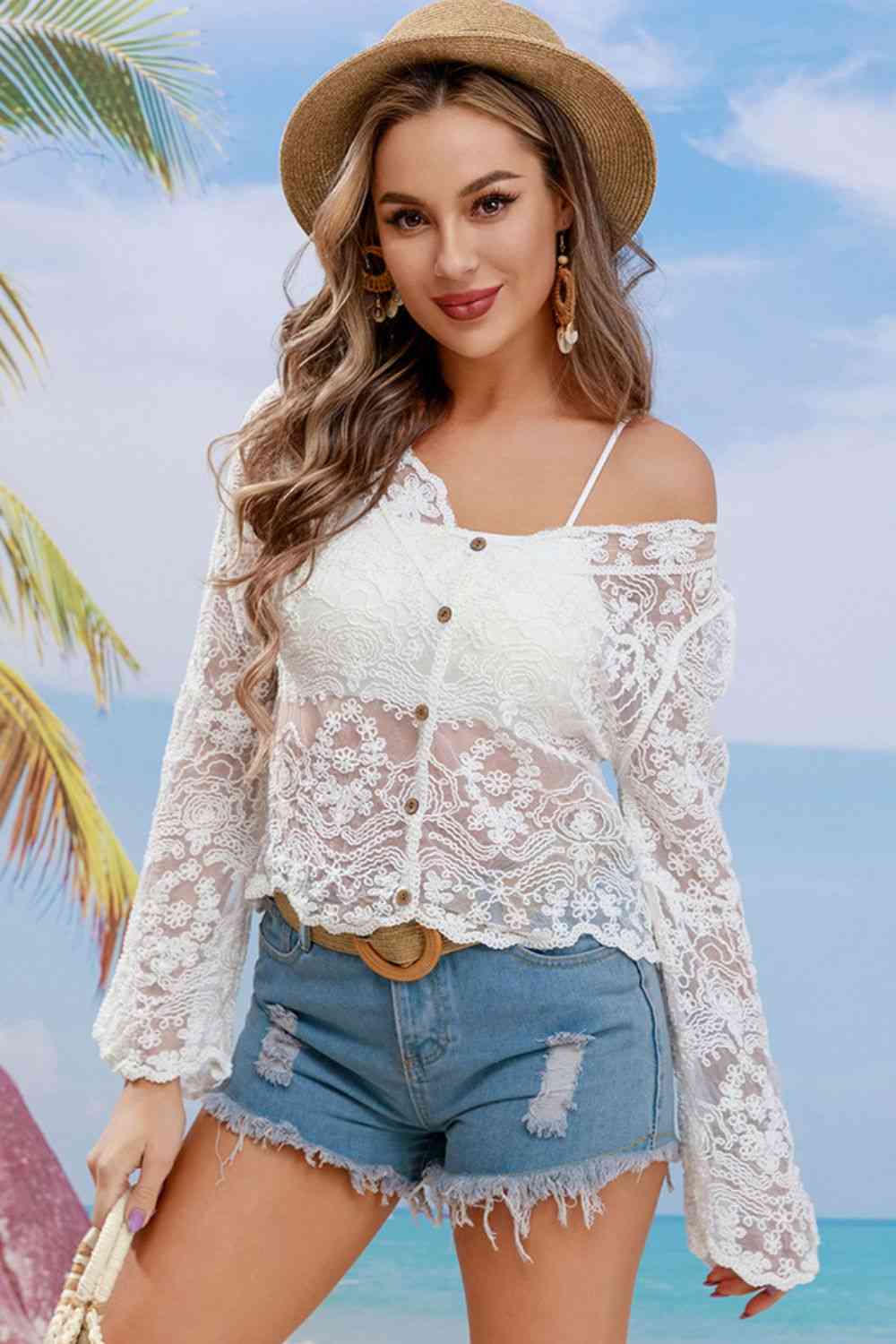 Buttoned Sheer Lace Cover Up