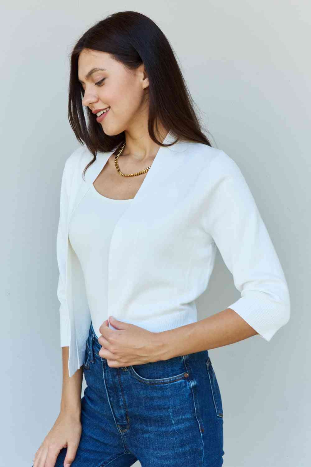 Doublju My Favorite 3/4 Sleeve Cropped Cardigan in Ivory