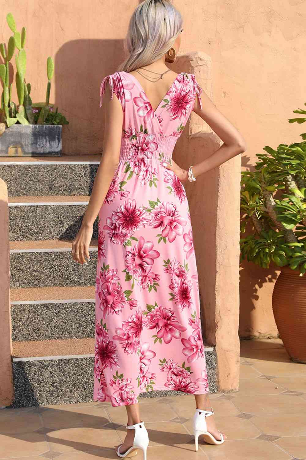 Full Size Tied Smocked Surplice Sleeveless Maxi Dress