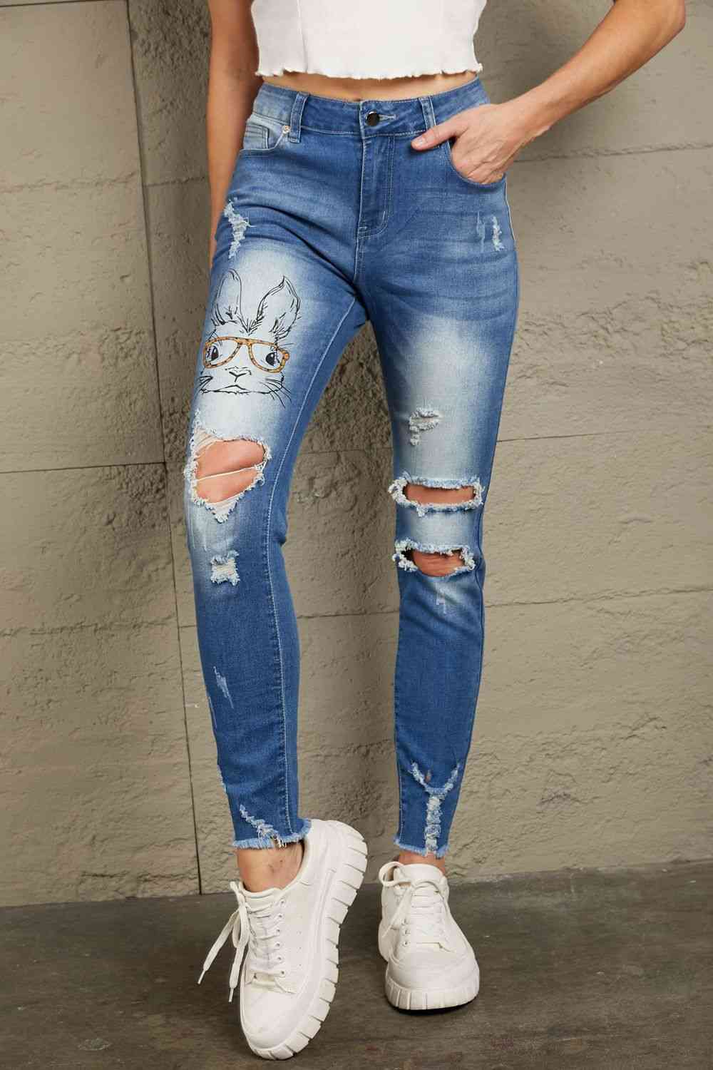 Baeful Easter Distressed Frayed Hem Jeans