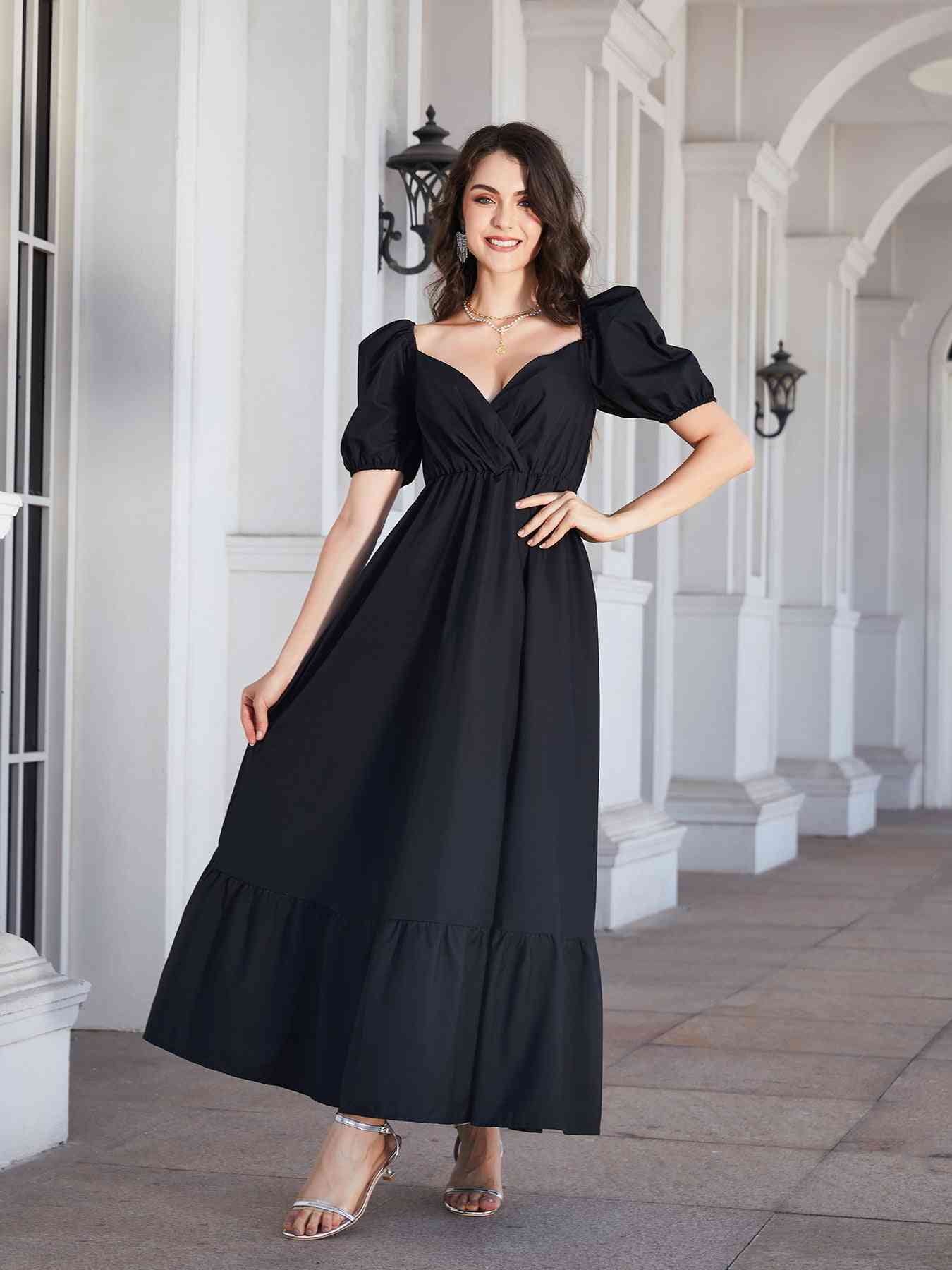 Surplice Neck Ruffle Hem Balloon Sleeve Maxi Dress