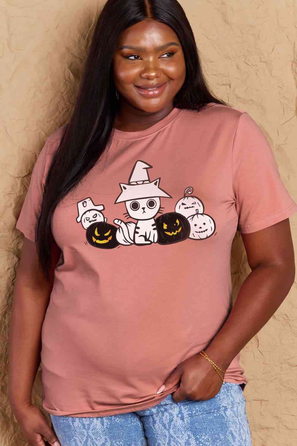 Simply Love Full Size Cat & Pumpkin Graphic Cotton T-Shirt