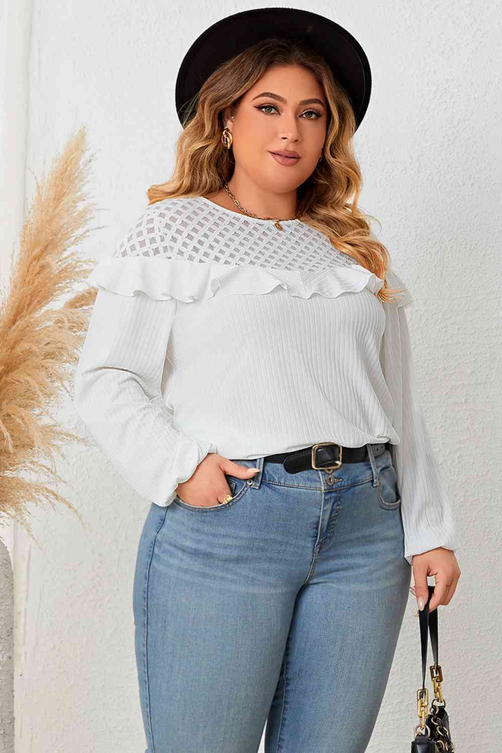 Plus Size Ruffled Round Neck Long Sleeve Blouse