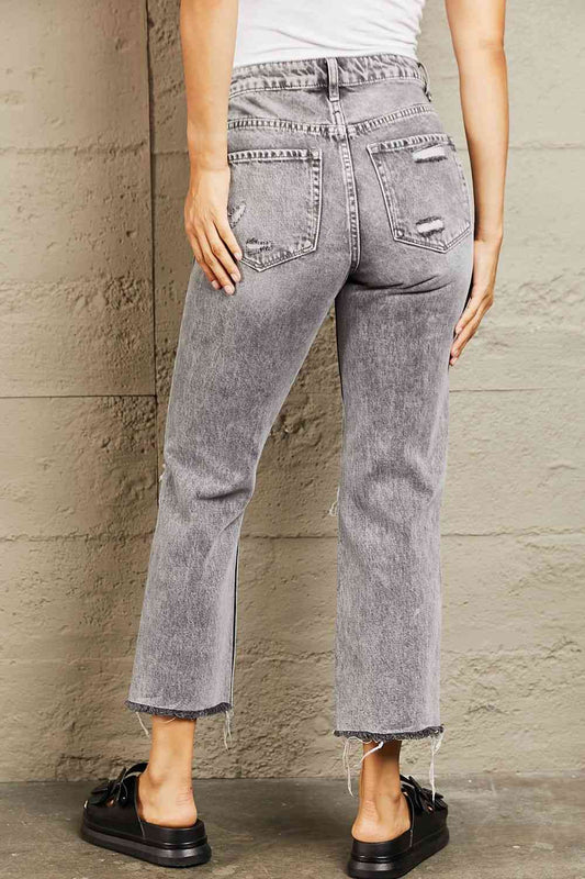 Acid Wash Distressed Cropped Straight Jeans