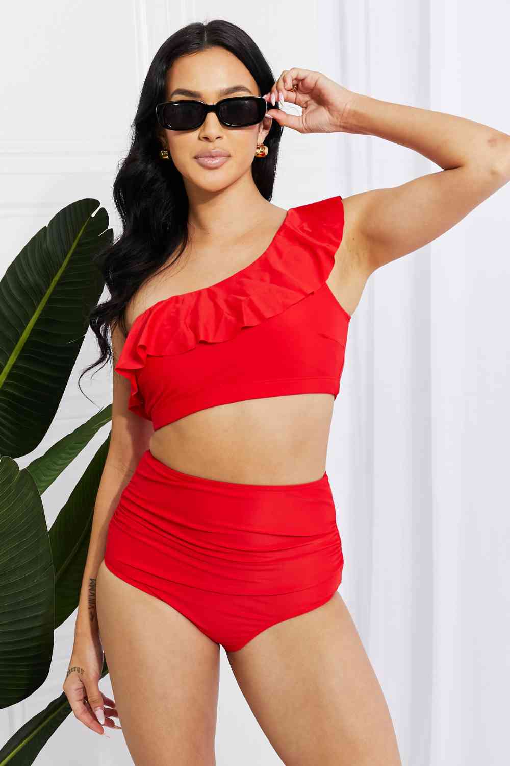 Seaside Romance Ruffle One-Shoulder Bikini in Red